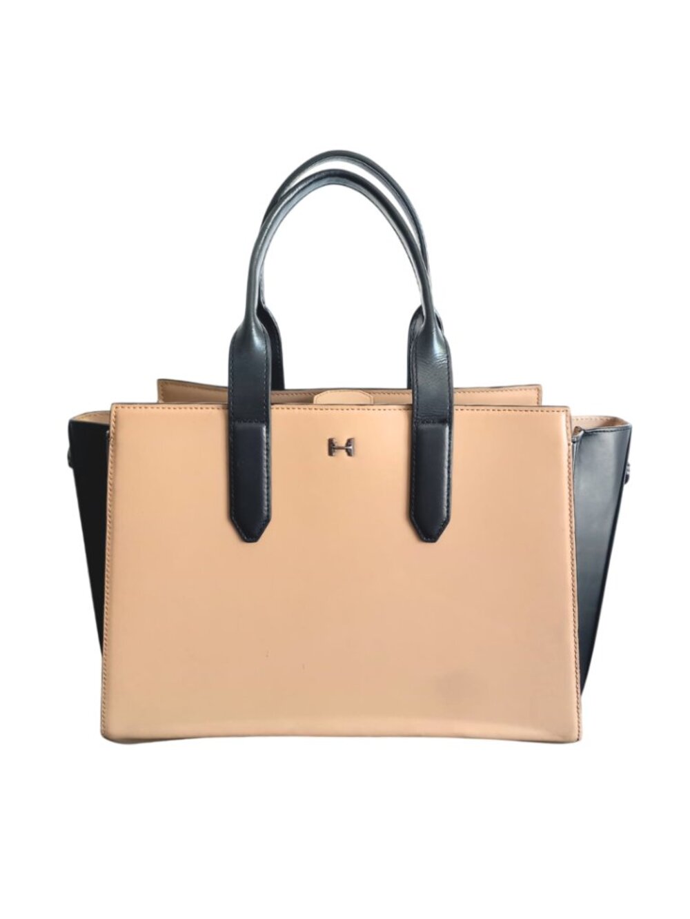H Halston Beige Black Structured Tote Bag - Colorblock Satchel Purse - Picture 1 of 9